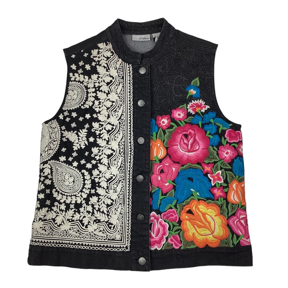 Chico’s Platinum Embroidered Black Denim Vest